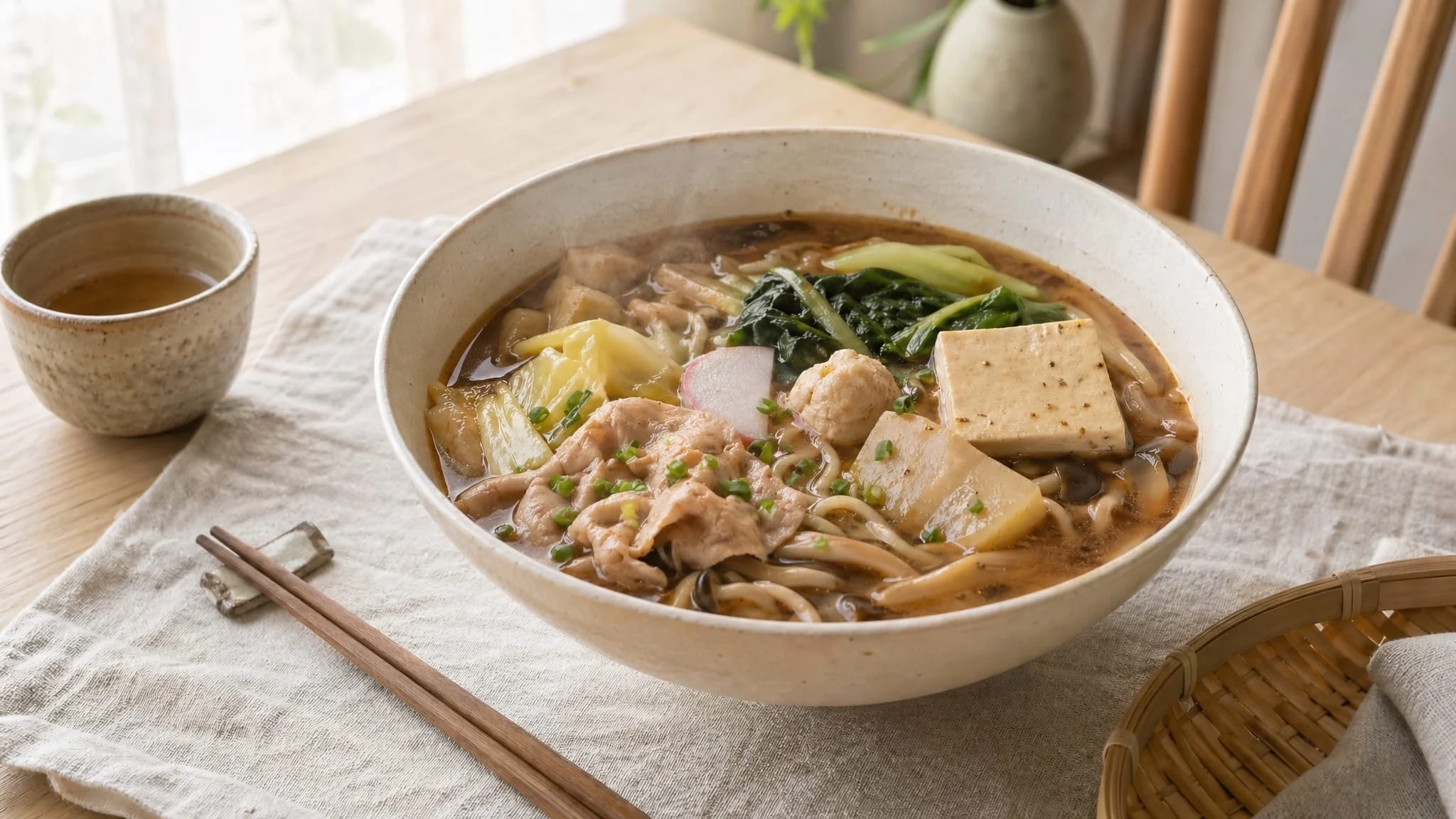 台式麻辣燙湯底，豆腐、青菜、菇類與春雨盛在陶碗中