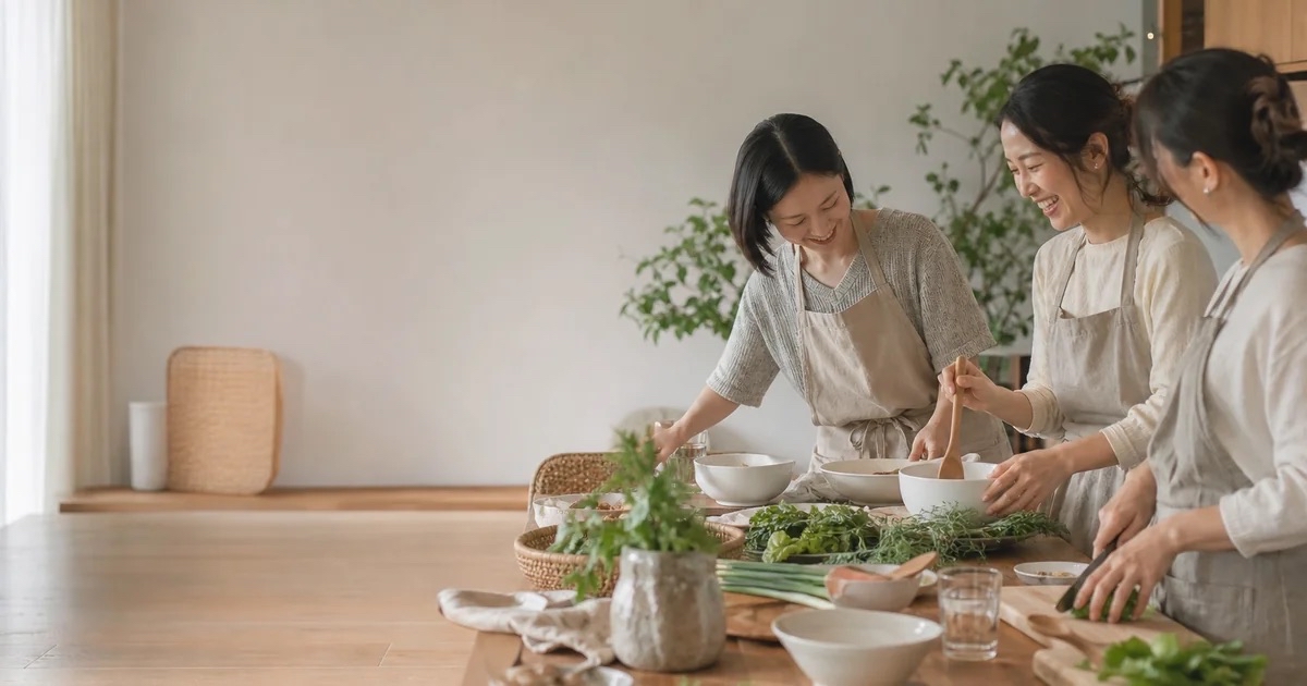 三位女性在溫暖的廚房一起料理，象徵心羅活動聚會
