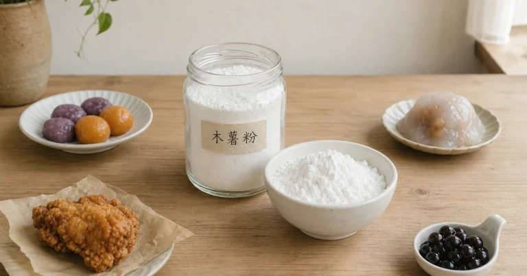 白色木薯粉罐與粉碗置中，周圍擺放芋圓、粉圓、肉圓皮和炸物裹粉